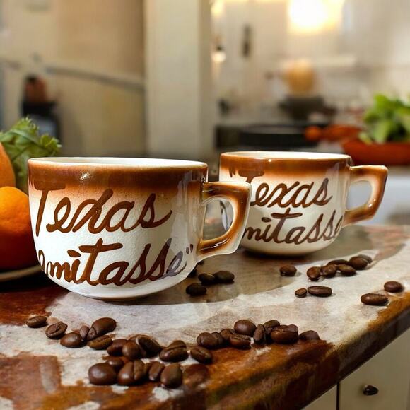 Vintage “Texas Demitasse” Pair Ceramic Glazed Oversized Coffee Mugs Japan Made - Picture 1 of 16